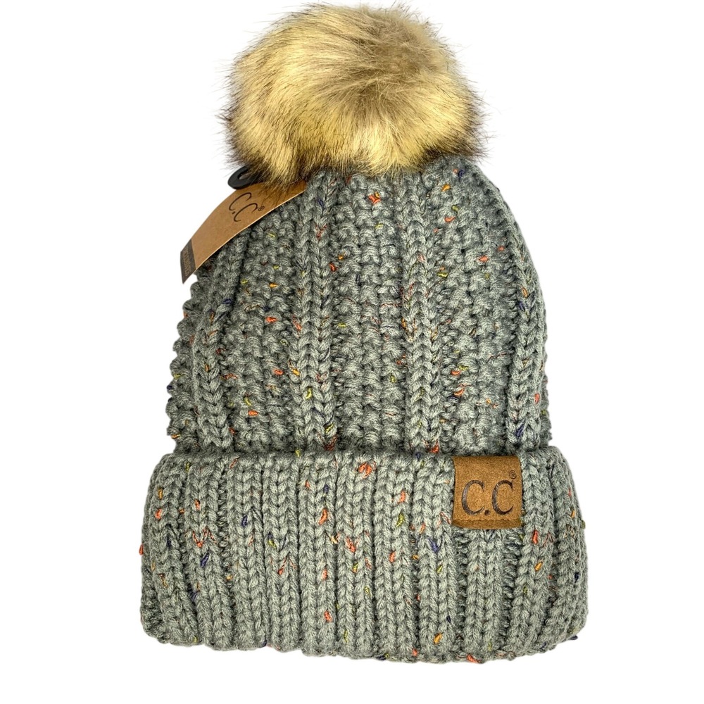 CC Fleece Lined Beanie Thick Cable Knit Faux Fur Pom SAGE Confetti NWT